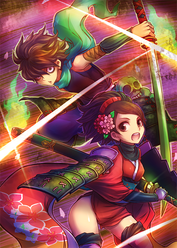 1girl armor bags_under_eyes brown_eyes brown_hair cherry_blossoms comb flower gauntlets hair_flower hair_ornament hitodama holding holding_sword holding_weapon japanese_armor japanese_clothes kara_(color) katana kimono kisuke kusazuri left-handed momohime oboro_muramasa open_mouth parted_lips ready_to_draw scarf sheath short_kimono skull suneate sword thighhighs weapon