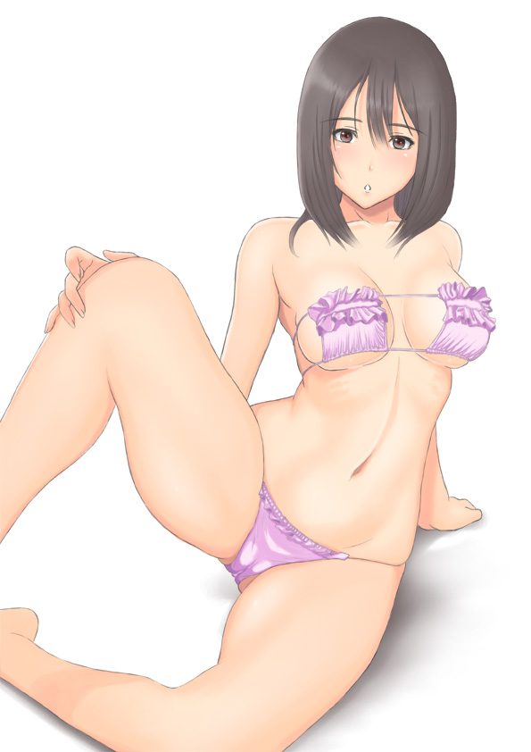 bare_shoulders bikini black_hair blush breasts brown_eyes brown_hair cameltoe cleavage frills head_tilt looking_at_viewer medium_breasts muffin_(sirumeria) navel open_mouth original short_hair simple_background solo spread_legs swimsuit