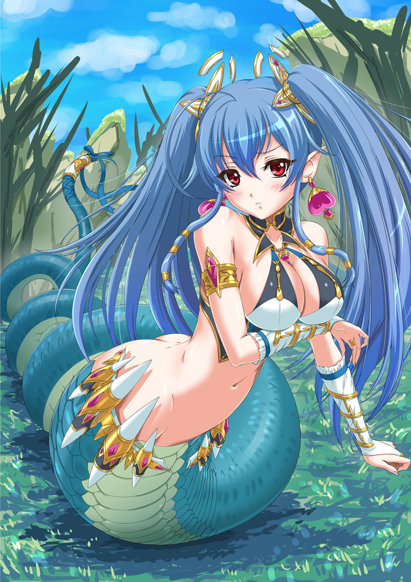 armlet blue_hair blush bracelet breasts chaki-yam cleavage earrings jewelry lamia large_breasts long_hair monster_girl original pointy_ears red_eyes ribbon ring solo tail tail_ribbon twintails