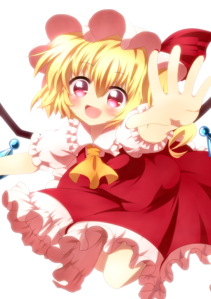 ascot blonde_hair blush fangs flandre_scarlet haiiro_(immature) hat hat_ribbon open_mouth outstretched_arm outstretched_hand red_eyes ribbon short_hair side_ponytail simple_background skirt skirt_set solo touhou white_background wings
