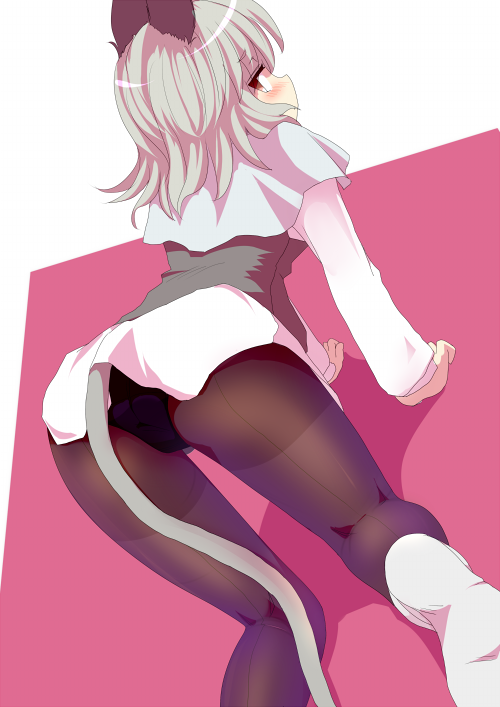 all_fours animal_ears ass blush capelet from_behind grey_hair ishikkoro looking_back mouse_ears mouse_tail nazrin no_pants panties panties_under_pantyhose pantyhose red_eyes short_hair solo tail touhou underwear