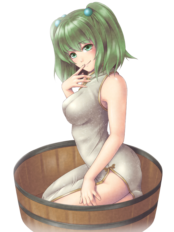alternate_costume bad_id bad_pixiv_id blush breasts bucket china_dress chinese_clothes dress green_eyes green_hair hair_bobbles hair_ornament in_container kisume large_breasts mochi.f older short_hair smile solo touhou twintails wooden_bucket