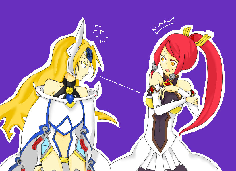 2girls arc_system_works armor bare_shoulders blazblue blonde_hair blue_eyes bodysuit breast_envy breasts crotch_plate detached_sleeves faulds forehead_protector hair_ornament hair_tubes izayoi_(blazblue) long_hair mu-12 multiple_girls navel open_mouth ponytail red_hair skirt yellow_eyes