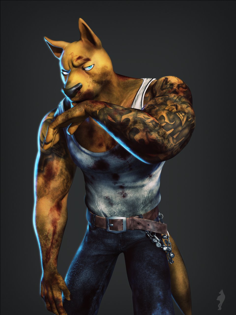 amazing anthro belt biceps blood blue_eyes brown_fur canine cgi clothing dirt dog fur jeans male mammal muscles nick300 pants pecs pose shirt solo standing tank_top tattoo vest wolf