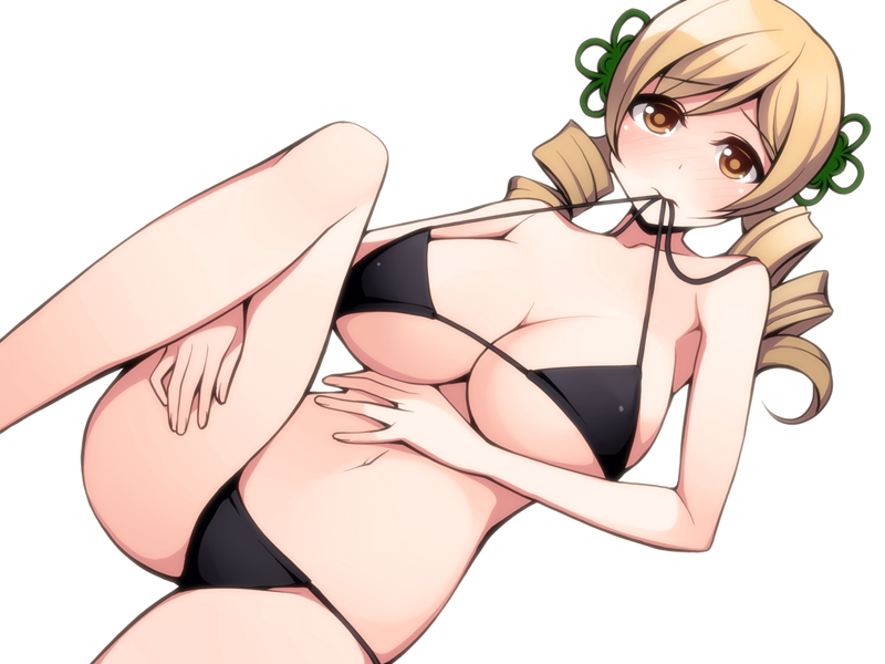bare_shoulders bikini bikini_in_mouth black_bikini blonde_hair blush breasts drill_hair hair_ornament large_breasts long_hair looking_at_viewer lying mahou_shoujo_madoka_magica mouth_hold navel on_back simple_background solo swimsuit tomoe_mami torigoe_takumi twin_drills twintails underboob white_background yellow_eyes
