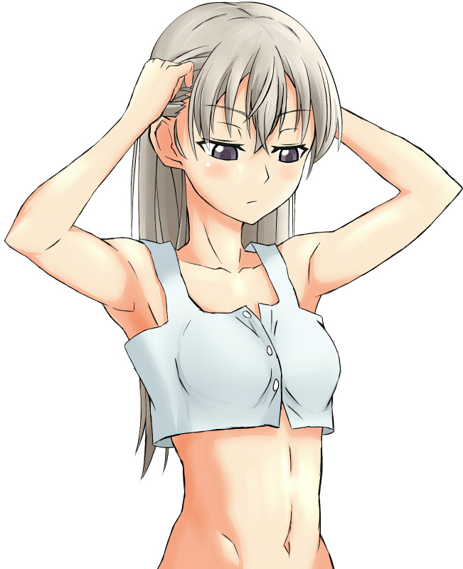 adjusting_hair armpits arms_up bad_id bad_pixiv_id blush breasts crop_top eila_ilmatar_juutilainen eiraprpr long_hair looking_down medium_breasts navel purple_eyes silver_hair solo strike_witches tank_top world_witches_series