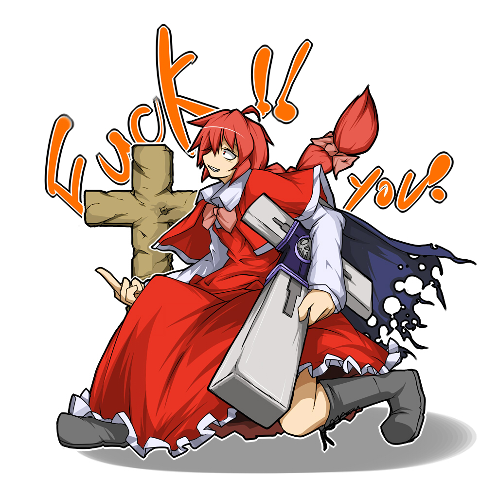 boots bow cape capelet cross cross_punisher dress english full_body grin hair_bow kneeling long_hair middle_finger okazaki_yumemi ototobe parody profanity red_eyes red_hair simple_background smile solo touhou touhou_(pc-98) trigun weapon white_background