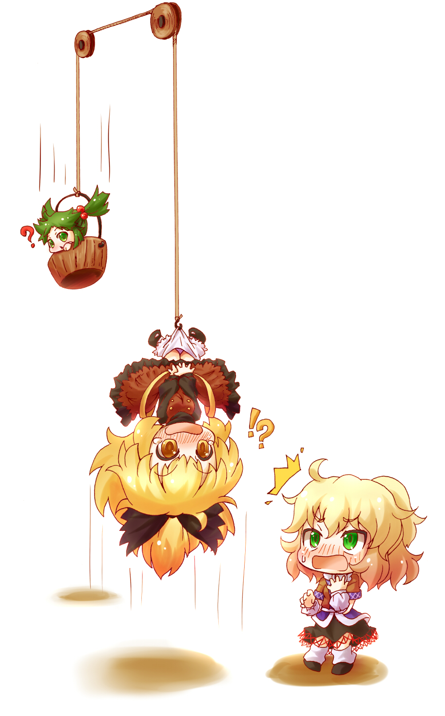 /\/\/\ 3girls ? arinu arm_warmers blonde_hair bloomers bloomers_pull blush bow brown_dress brown_eyes bucket chibi covering covering_crotch dress green_eyes green_hair hair_bobbles hair_bow hair_ornament hanging highres in_bucket in_container kisume kurodani_yamame long_sleeves mizuhashi_parsee multiple_girls open_mouth ponytail pulley shirt short_sleeves skirt surprised tears touhou twintails underwear upside-down v_arms