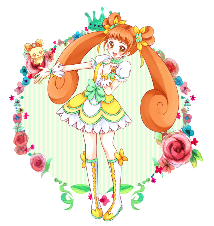 boots brown_eyes brown_hair choker creature cure_rosetta dokidoki!_precure double_bun floral_background flower full_body green_choker hair_flower hair_ornament hair_ribbon knee_boots long_hair magical_girl outstretched_hand precure rance_(dokidoki!_precure) red_flower red_rose ribbon rose sikuhima skirt smile twintails wrist_cuffs yotsuba_alice