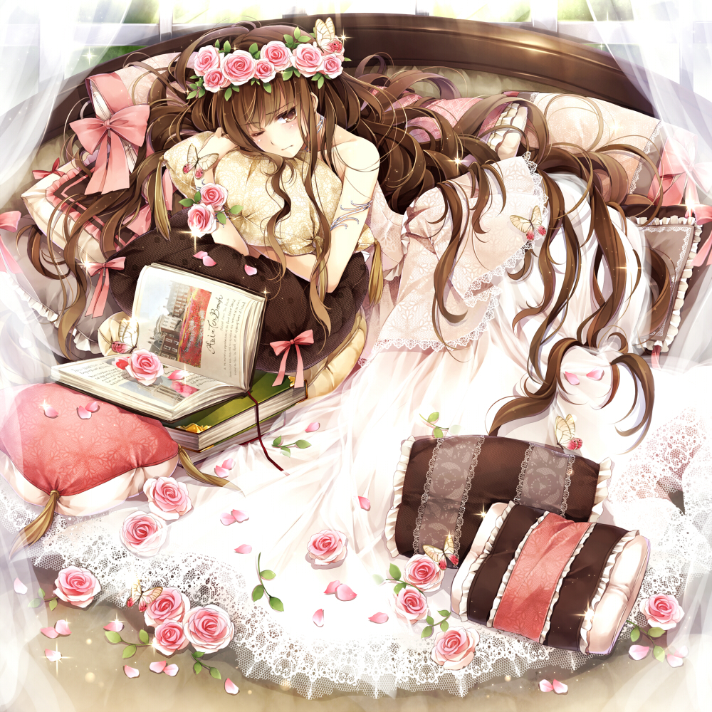 bare_arms bare_shoulders book brown_eyes brown_hair bug butterfly dress flower hagiwara_rin hair_flower hair_ornament insect long_hair lying on_bed on_side one_eye_closed original pillow pillow_hug pink_flower pink_rose rose sleeveless sleeveless_dress solo very_long_hair white_dress