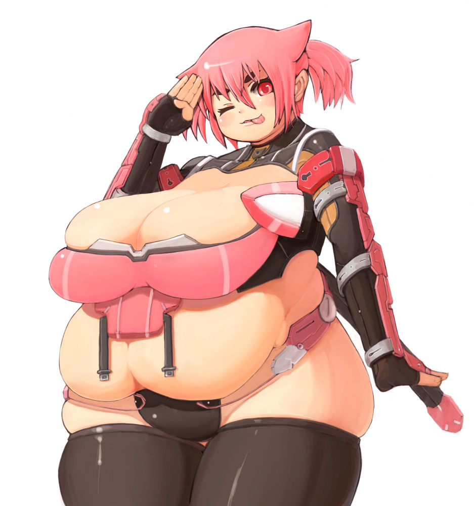 1girl :p blush breasts fat huge_breasts lionel_nakamura obese phantasy_star phantasy_star_online_2 pink_eyes pink_hair short_hair smile solo tongue tongue_out twintails wink