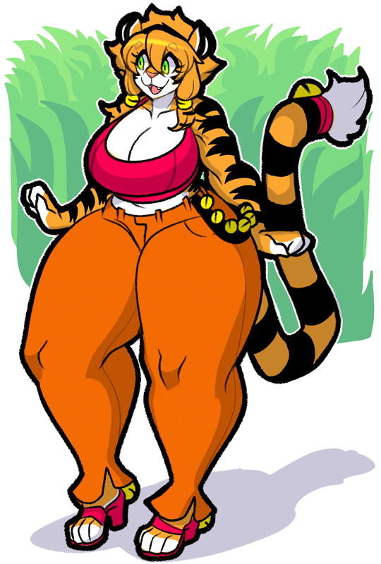 :3 anthro bell big_breasts black_stripes breasts cleavage clothed clothing crop_top fangs feline female footwear fur green_eyes hair high_heels hypnofood mammal midriff navel open_mouth orange_fur orange_hair pants sascha_(hypnofood) shirt shoes short_hair solo striped_tail stripes tail_tuft thick_thighs tiger tuft voluptuous wide_hips