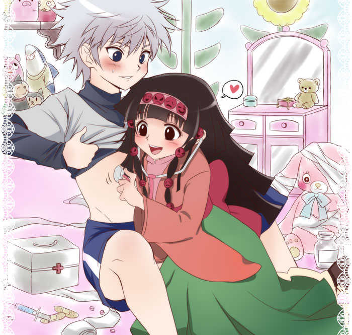 2boys alluka_zoldyck androgynous bandage bed brothers first_aid_kit headband heart hunter_x_hunter jar killua_zoldyck long_sleeves male male_focus medical medicine multiple_boys pill play shirt shirt_lift shorts siblings smiley spread_legs stethoscope stuffed_animal stuffed_toy syringe t-shirt teddy_bear toy trap