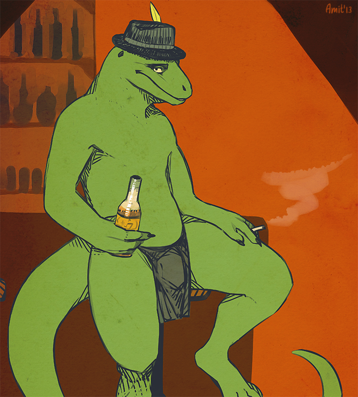 alcohol amit anthro bar beer beverage bottle chubby cigar cigarette feather fedora hat komodo_dragon lizard loincloth male monitor_lizard orange_background plain_background reptile scalie simple_background sitting smoking ssslith