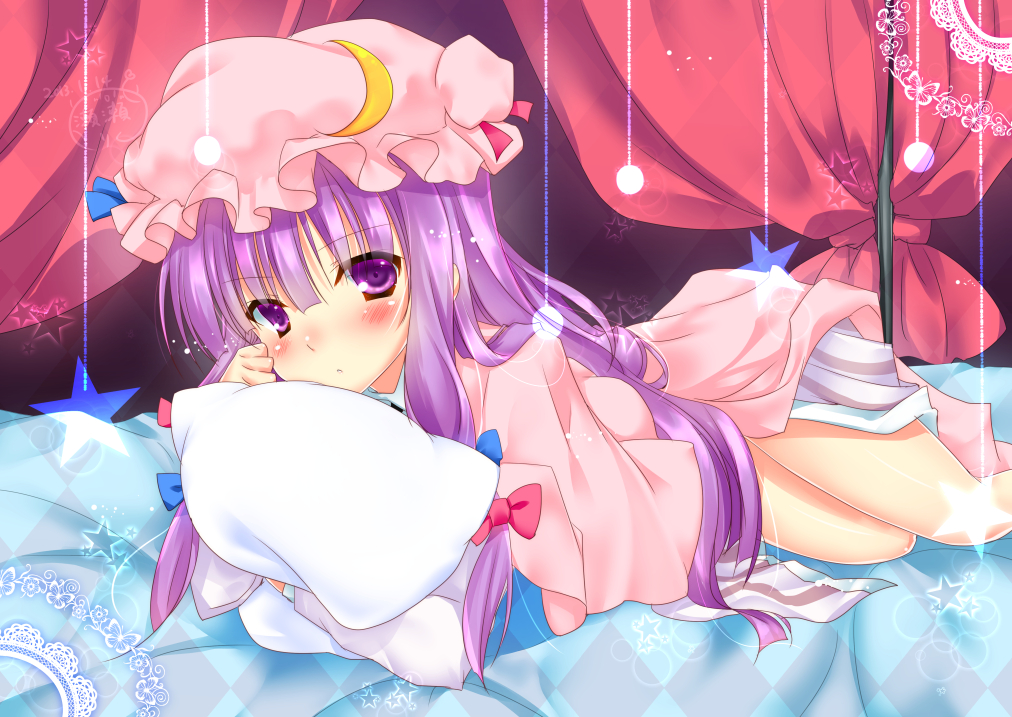 bad_id bad_pixiv_id crescent curtains dress hat inose_riku patchouli_knowledge pillow purple_eyes purple_hair signature solo star touhou