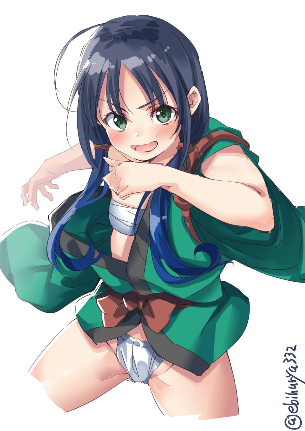 1girl alternate_costume blue_hair blush breasts ebifurya eyebrows_visible_through_hair gradient_hair green_eyes hair_flaps hair_ribbon highres japanese_clothes kantai_collection long_hair looking_at_viewer low_twintails multicolored_hair open_mouth ribbon simple_background small_breasts solo suzukaze_(kantai_collection) twintails twitter_username white_background
