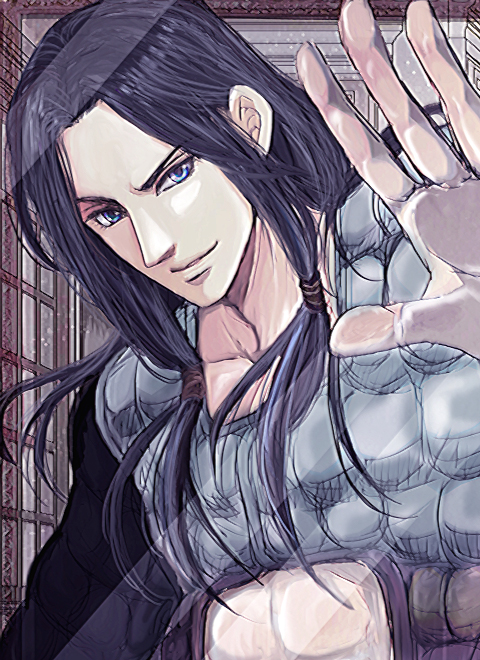 black_hair blue_eyes illuso jojo_no_kimyou_na_bouken long_hair male_focus mirror solo xxb-starxx