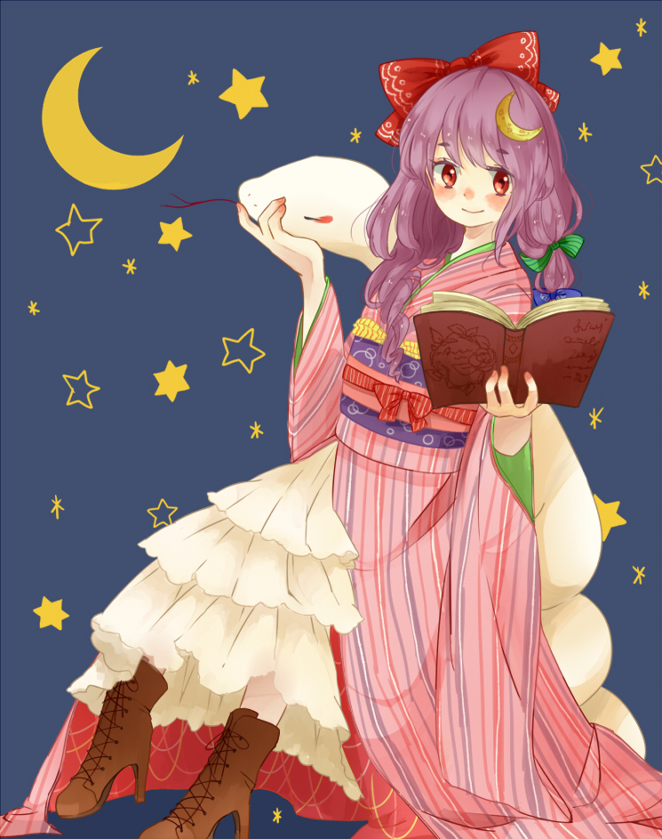 alternate_costume alternate_hairstyle book bow crescent crescent_hair_ornament hair_bow hair_ornament hair_ribbon japanese_clothes kimono lelut long_hair patchouli_knowledge purple_hair red_eyes ribbon smile snake solo star touhou