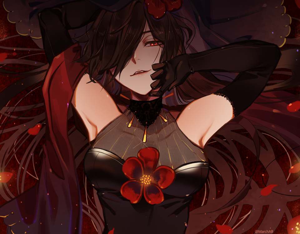 1girl arm_behind_head armpits bangs black_hair blush breasts dress elbow_gloves fate/grand_order fate_(series) flower gloves hair_between_eyes hair_over_one_eye half-closed_eyes halter_dress long_hair looking_at_viewer lying marchab_66 oda_nobunaga_(fate) on_back open_mouth petals red_eyes red_flower sidelocks smile solo twitter_username
