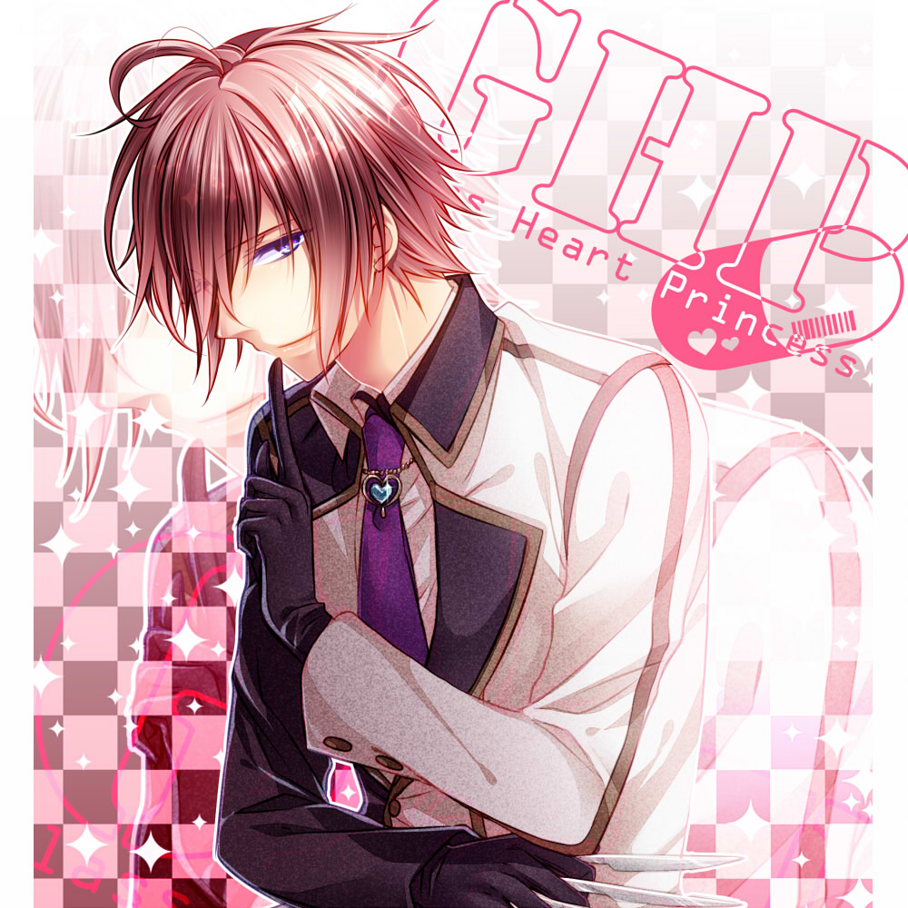 bad_id bad_pixiv_id blue_eyes brown_hair checkered checkered_background colored_eyelashes copyright_name formal glass_heart_princess gloves male_focus masaki_shinnosuke necktie pointing smile solo suit yamika