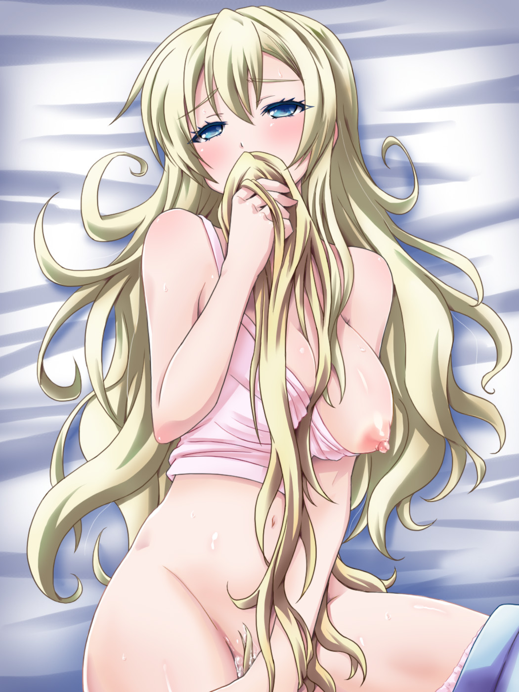 aqua_eyes blonde_hair blue_eyes blush boku_wa_tomodachi_ga_sukunai bottomless breast_slip breasts highres kashiwazaki_sena large_breasts long_hair looking_at_viewer lying mameshiba masturbation nipples on_back one_breast_out pants_pull pussy_juice smelling smelling_hair solo sweat wig