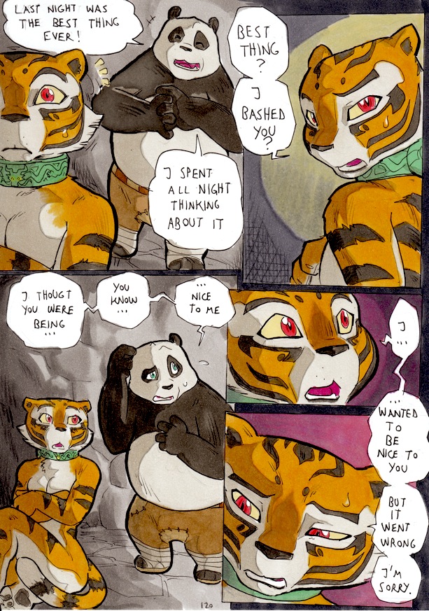 bear better_late_than_never blue_eyes breasts cleavage clothed clothing collar comic daigaijin dialog dialogue english_text feline female kung_fu_panda male mammal master_tigress panda po red_eyes text tiger