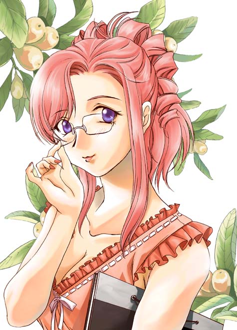 breasts cleavage glasses kacka kazami_mizuho medium_breasts onegai_teacher pince-nez pink_hair purple_eyes solo teacher