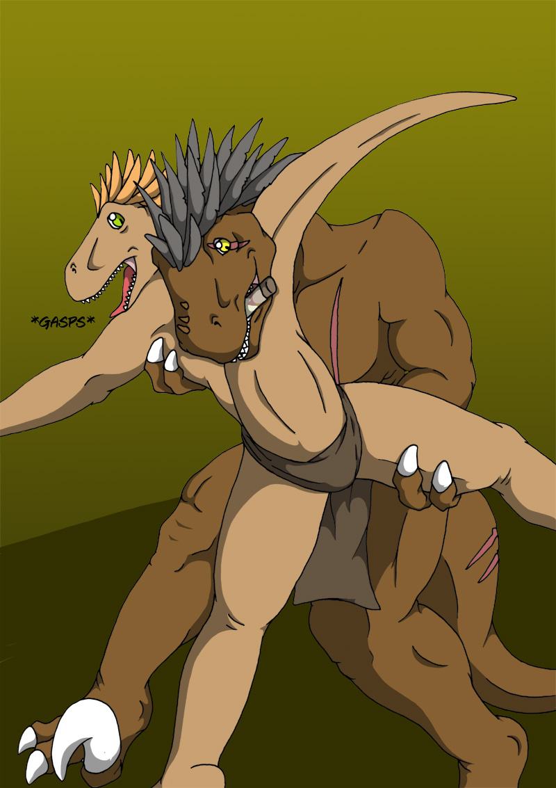 biceps brown_skin claws cloth clothed clothing comic dinosaur fangs gay gripping half-dressed holding horn loincloth lube male muscles nude nx-3000 open_mouth pecs penis pose raptor reptile scales scalie scar standing toe_claws tongue topless underwear
