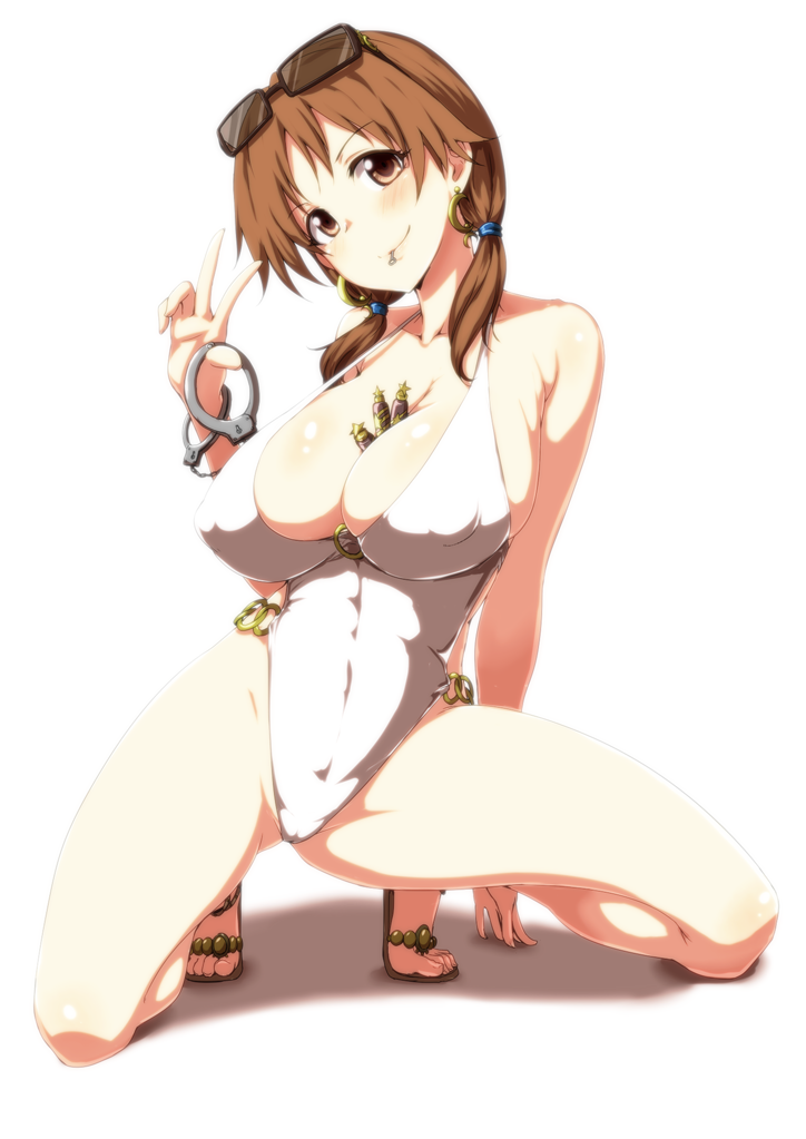 bare_shoulders between_breasts breasts brown_eyes brown_hair casual_one-piece_swimsuit clearite cuffs earrings eyewear_on_head handcuffs highleg highleg_swimsuit idolmaster idolmaster_cinderella_girls jewelry katagiri_sanae large_breasts long_hair looking_at_viewer low_twintails mouth_hold one-piece_swimsuit sandals short_hair simple_background smile solo squatting sunglasses swimsuit toes twintails v white_background