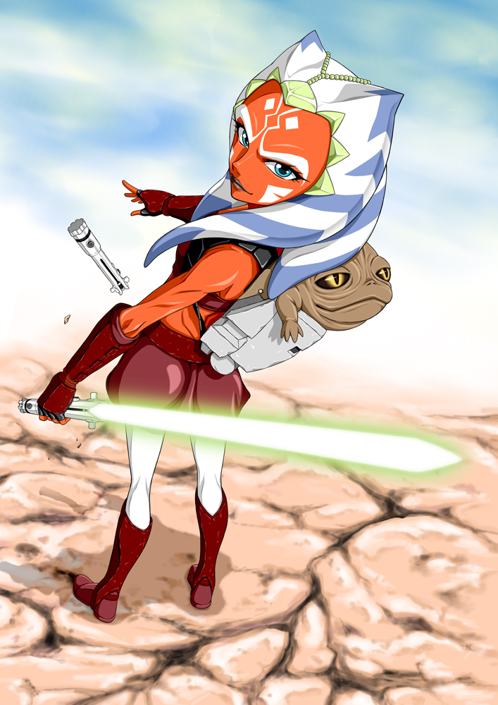 ahsoka_tano alien backpack bag belt blue_eyes cloud commentary_request day energy_sword facial_mark fingerless_gloves from_behind gloves jedi jedi_knight kaise_sousuke knight lightsaber lips reverse_grip rotta_the_hutt shorts sky smirk solo star_wars star_wars:_the_clone_wars sword tatooine tattoo tentacle_hair togruta weapon yellow_eyes