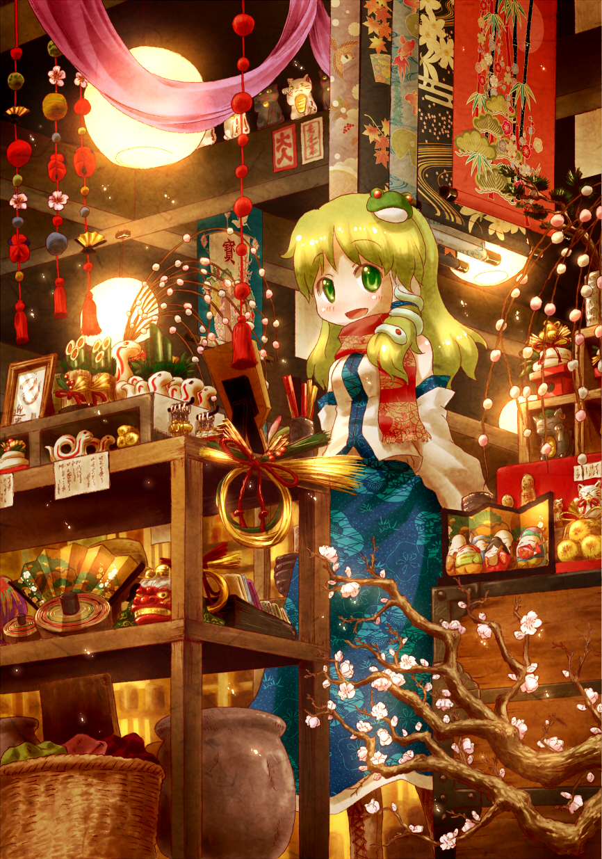arinu bamboo branch detached_sleeves doll fan frog_hair_ornament green_eyes green_hair hair_ornament hair_tubes highres kochiya_sanae open_mouth scarf scroll skirt smile snake_hair_ornament solo standing touhou toy