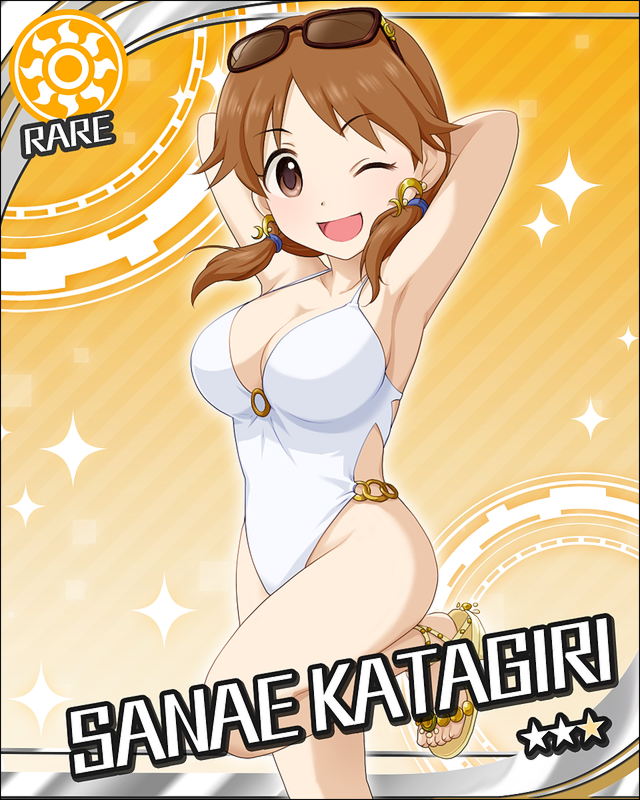 ;d armpits arms_behind_head arms_up breasts brown_eyes brown_hair card_(medium) casual_one-piece_swimsuit character_name cleavage earrings eyewear_on_head highleg highleg_swimsuit idolmaster idolmaster_cinderella_girls jewelry jpeg_artifacts katagiri_sanae large_breasts leg_lift looking_at_viewer low_twintails o-ring o-ring_swimsuit official_art one-piece_swimsuit one_eye_closed open_mouth orange_background pose sandals short_hair short_twintails smile solo sun_(symbol) sunglasses swimsuit twintails white_swimsuit