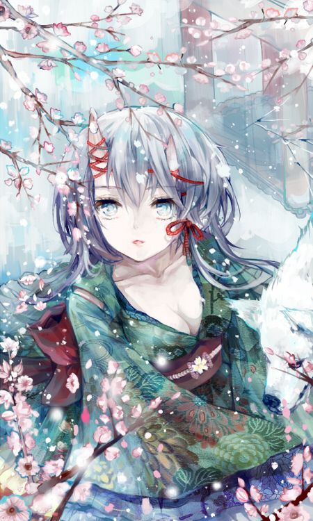 bad_id bad_pixiv_id blue_eyes breasts cherry_blossoms cleavage horn japanese_clothes kimono medium_breasts nevakuma_(fanfanas) obi original sash snow snowing solo wolf