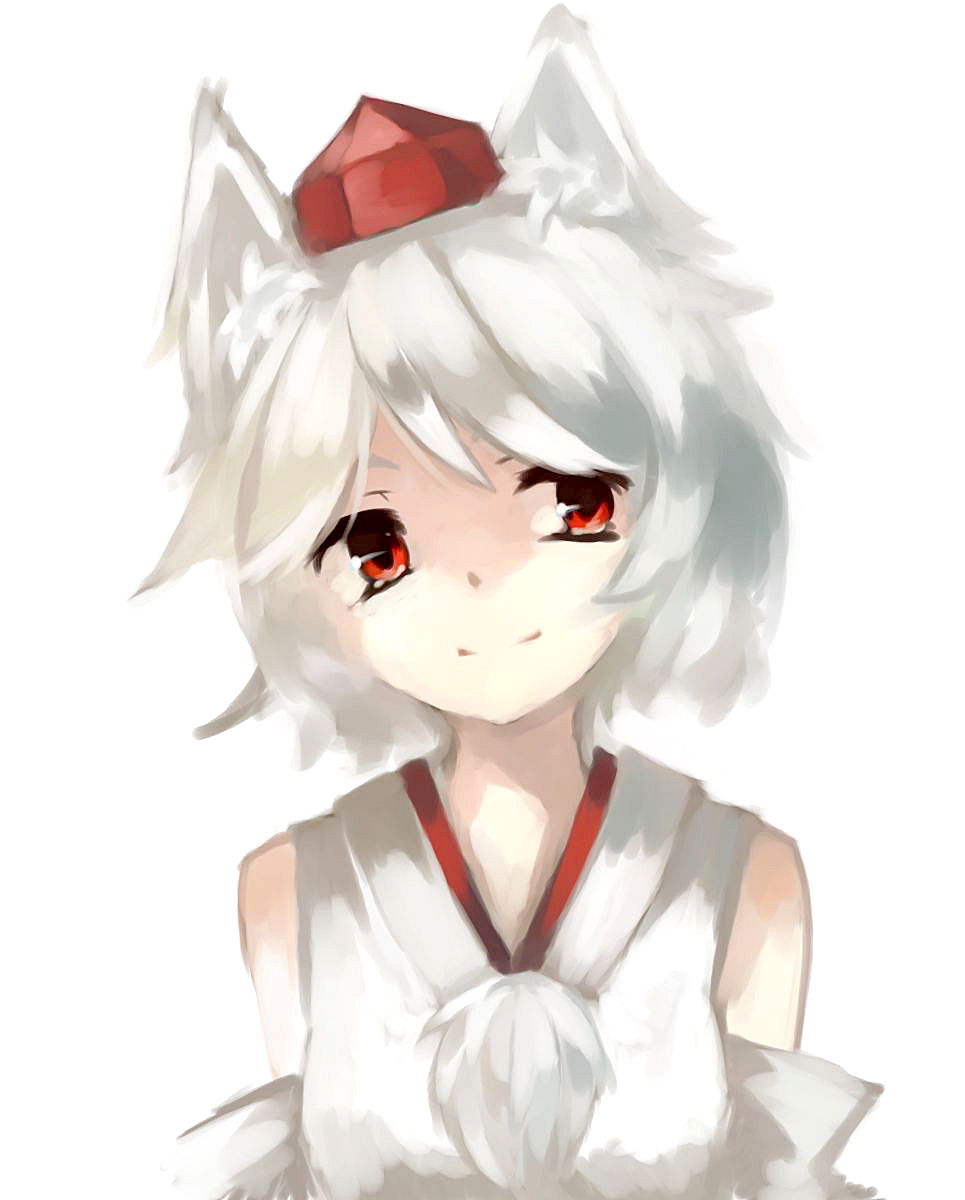 animal_ears bad_id bad_pixiv_id detached_sleeves hat highres inubashiri_momiji lispict red_eyes short_hair silver_hair smile solo tokin_hat touhou upper_body white_background wolf_ears