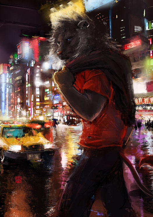 amazing_background black_fur blue_eyes building car city clothed clothing feline fur hair jacket lion looking_at_viewer male mammal mane night outside pants pink_nose racoonwolf shirt solo