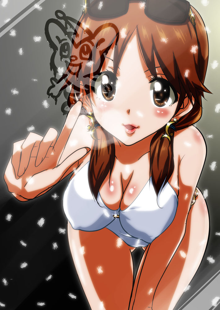 against_glass bent_over breasts brown_eyes brown_hair cleavage condensation eyewear_on_head idolmaster idolmaster_cinderella_girls katagiri_sanae long_hair medium_breasts one-piece_swimsuit short_twintails snow solo sunglasses swimsuit tame_meshi twintails