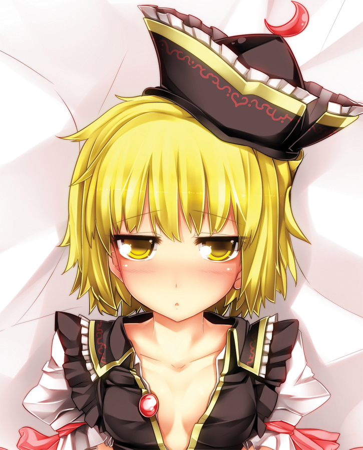 bad_id bad_pixiv_id blonde_hair blush breasts collarbone crescent hat kazetto lunasa_prismriver lying medium_breasts no_bra on_back open_clothes short_hair solo touhou yellow_eyes