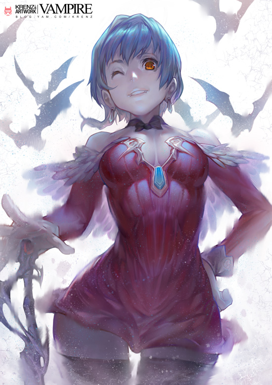 artist_name bare_shoulders bat blue_hair breasts breasts_apart copyright_request dress earrings fangs hand_on_hilt hand_on_hip jewelry krenz looking_at_viewer medium_breasts one_eye_closed orange_eyes short_dress short_hair smile solo vampire watermark web_address