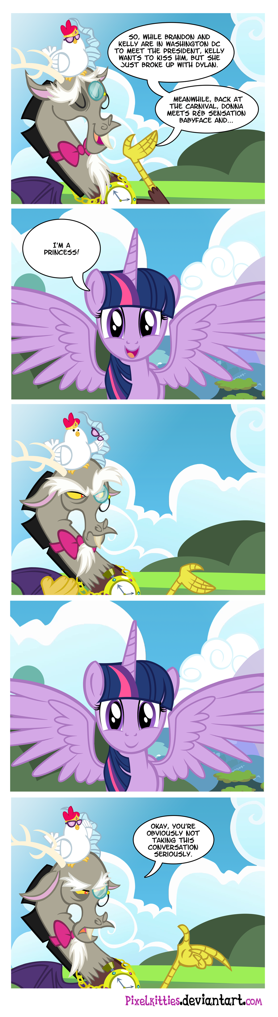 avian beard bird bow_tie chicken cloud clouds comic crown dialog dialogue discord_(mlp) draconequus english_text equine eyewear facial_hair female feral friendship_is_magic glasses hair horn horse jewelry mammal monocle multi-colored_hair my_little_pony necklace outside pixelkitties pony purple_eyes red_eyes sky sunglasses text tiara twilight_sparkle_(mlp) watch winged_unicorn wings