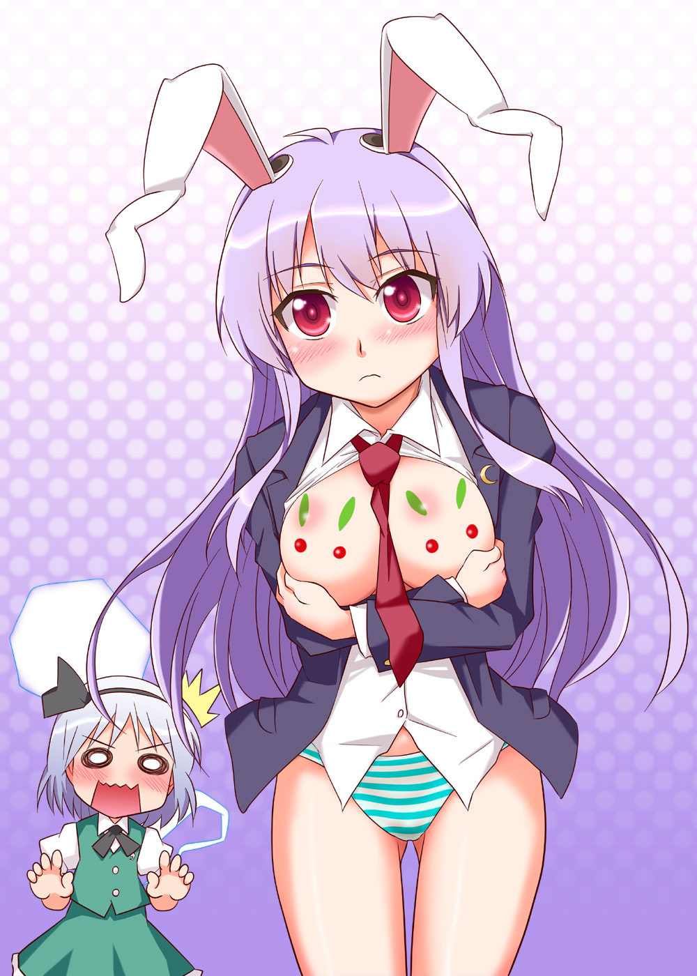 2girls animal_ears aqua_panties between_breasts blush breasts breasts_outside bunny_ears crescent crossed_arms ear_blush gradient gradient_background hair_ribbon highres jacket kairakuen_umenoka konpaku_youmu konpaku_youmu_(ghost) long_hair looking_at_viewer medium_breasts multiple_girls necktie necktie_between_breasts no_pants o_o open_clothes open_jacket open_mouth panties polka_dot polka_dot_background purple_hair red_eyes red_neckwear reisen_udongein_inaba ribbon shirt silver_hair skirt skirt_set snow_bunny striped striped_panties surprised touhou underwear very_long_hair