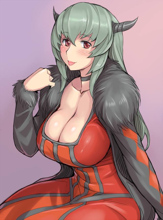 :p arm_support blush breasts choker cleavage cosplay demon_girl dress duplicate fur_trim grey_hair horns large_breasts long_hair looking_at_viewer maou_(maoyuu) maou_(maoyuu)_(cosplay) maoyuu_maou_yuusha older red_eyes rozen_maiden silver_hair simple_background sitting solo suigintou tongue tongue_out tsuda_nanafushi