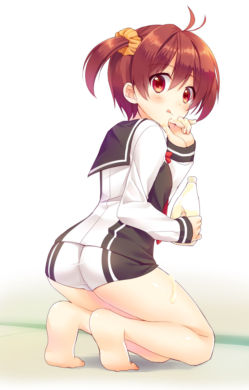 :q barefoot blush bottle feet full_body fuyuichi_monme highres isshiki_akane looking_at_viewer looking_back mayonnaise national_shin_ooshima_school_uniform red_eyes red_hair school_uniform scrunchie sexually_suggestive short_hair short_shorts shorts solo squatting squeeze_bottle tongue tongue_out twintails vividred_operation white_background
