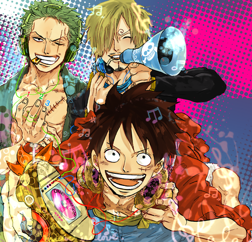 3boys black_hair blonde_hair facial_hair formal goatee green_hair hair_over_one_eye headphones lowres male male_focus monkey_d_luffy mouth_hold multiple_boys musical_note one-eyed one_eye_closed one_piece open_clothes open_shirt red_shirt robe roronoa_zoro sanji sash scar shirt smile suit trio wink