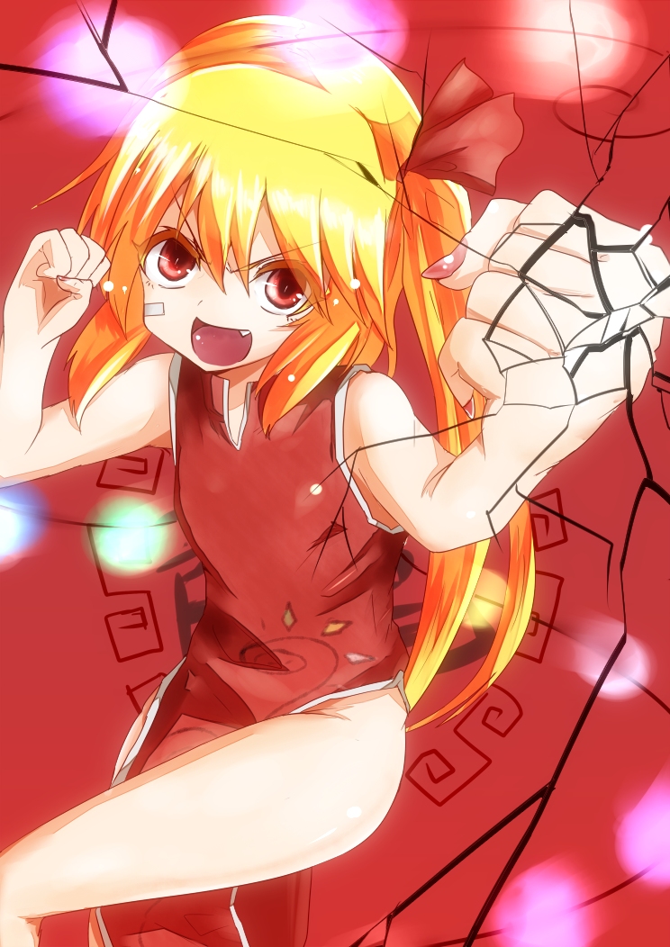 :d alternate_costume bare_arms bare_legs bare_shoulders blonde_hair chinese_clothes clenched_hands cosplay fang fingernails flandre_scarlet foreshortening fourth_wall hair_ribbon no_hat no_headwear open_mouth punching red_eyes ribbon short_hair side_ponytail side_slit smile solo takorice touhou