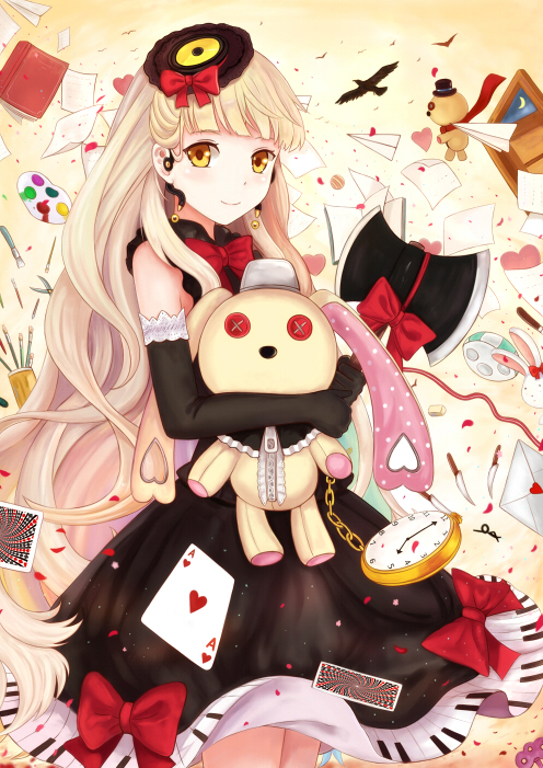 bad_id bad_pixiv_id bird book card doll elbow_gloves gloves heart langod letter long_hair mayu_(vocaloid) palette paper_airplane piano_print playing_card pocket_watch smile solo stuffed_animal stuffed_bunny stuffed_toy usano_mimi very_long_hair vocaloid watch yellow_eyes