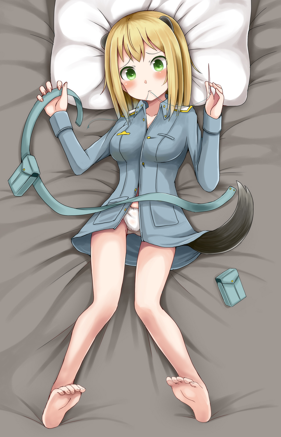 animal_ears bad_id bad_pixiv_id barefoot bed belt blonde_hair blush elma_leivonen feet green_eyes highres holding_needle jacket legs lying mouth_hold needle on_back panties pillow rosettastone short_hair soles solo tail underwear world_witches_series