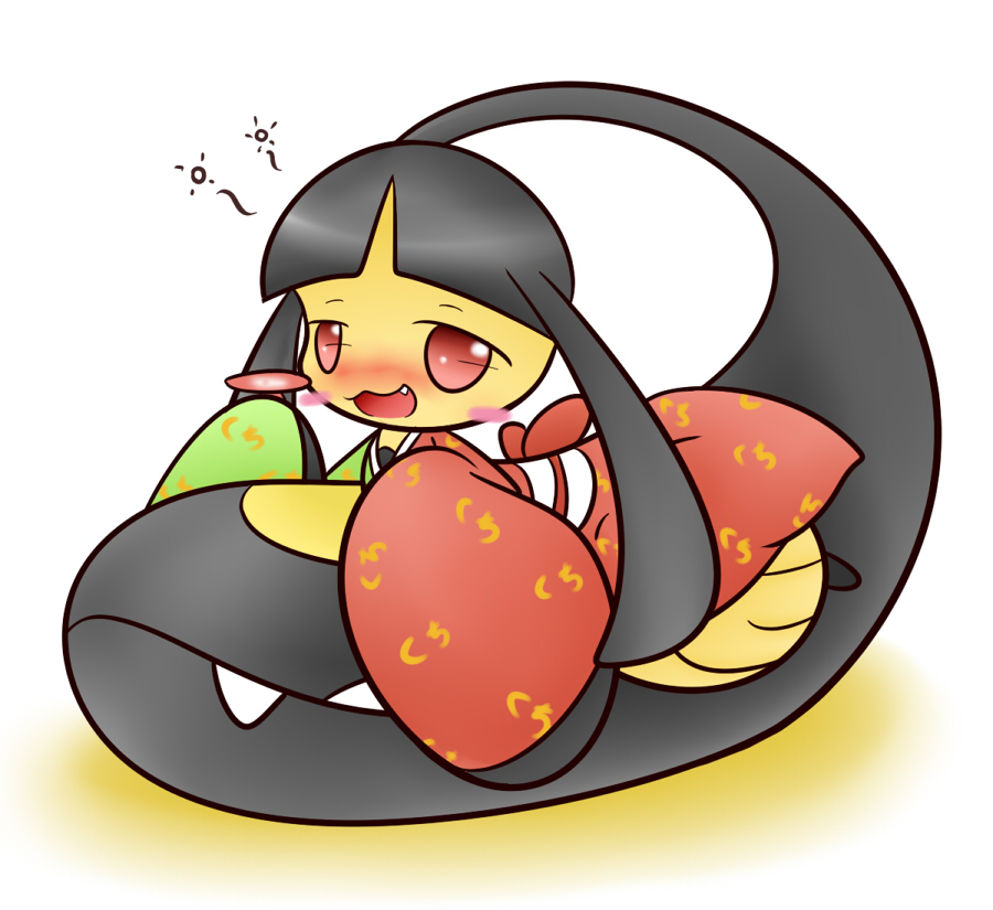 alcohol blush blush_stickers concave drunk hiccup horn japanese_clothes kimono mawile no_humans pokemon red_eyes sake simple_background solo white_background