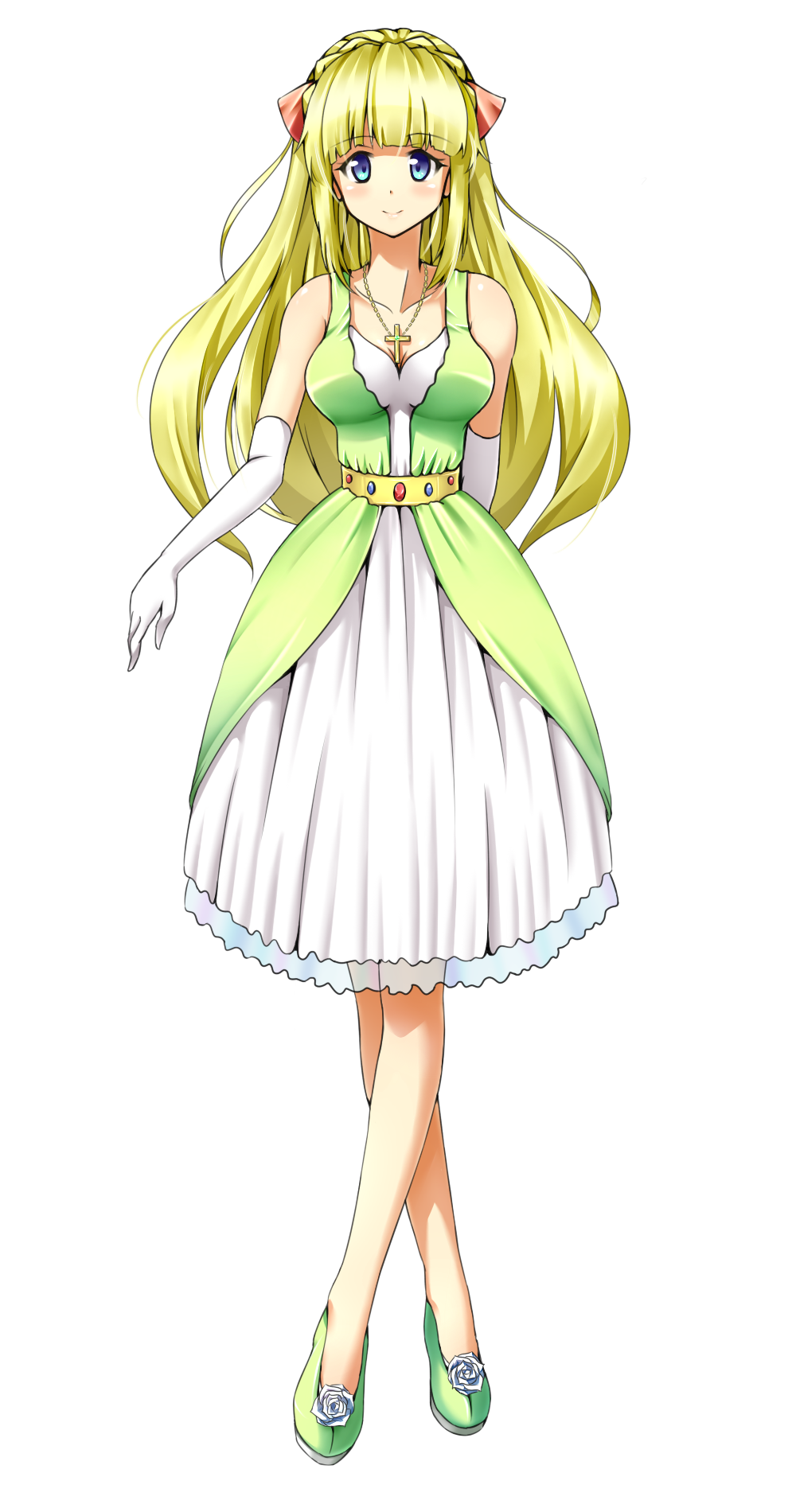 blonde_hair cross cross_necklace crossed_legs dress elbow_gloves full_body gloves highres jewelry kagkfc1z long_hair necklace original solo standing transparent_background white_gloves