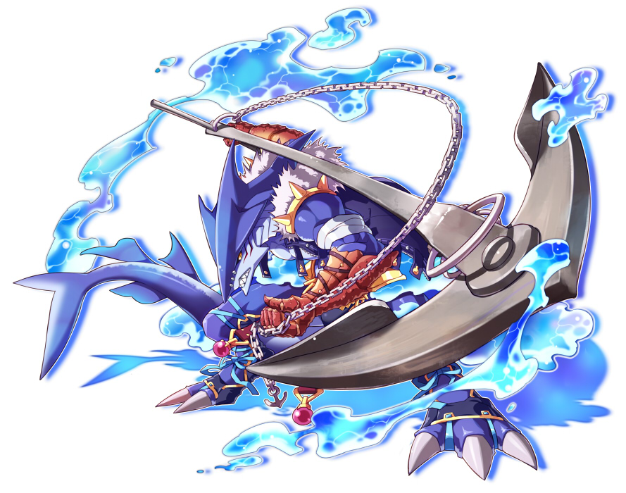 anchor ars_goetia axe chain claws fishman forneus_(mygrimoire) huge_weapon kyousaku male_focus monster monster_boy mygrimoire shark simple_background solo water weapon white_background