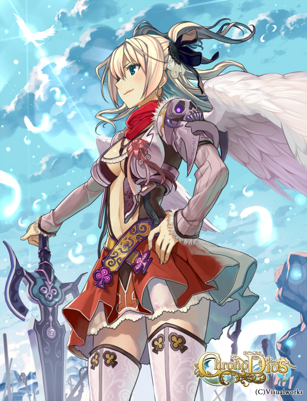 angel angel_wings belt bird blonde_hair blue_eyes blush breasts center_opening chrono_dios cleavage cloud copyright_name day earrings feathers floating_hair fur_trim glowing glowing_eyes hair_ribbon hand_on_hilt hand_on_hip hoop_earrings jewelry lace lace-trimmed_skirt light_smile looking_away matsui_hiroaki medium_breasts midriff navel no_bra outdoors planted_sword planted_weapon pleated_skirt profile ribbon short_twintails skirt skull sky smile solo standing sword thighhighs twintails two_side_up weapon white_legwear wings zettai_ryouiki